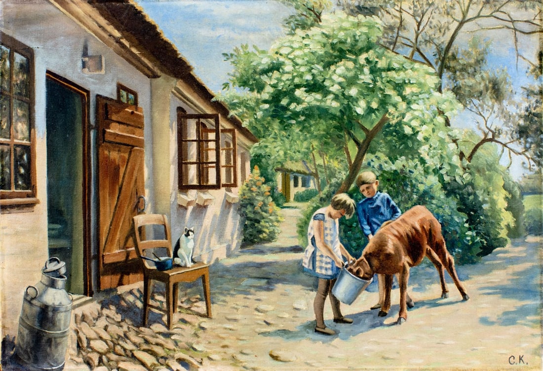 Vintage mid 20C Danish oil painting signed: ARTIST: - (Denmark, mid 20 century) TITLE: Farm Scene MEDIUM: oil on canvas CONDITION: Two patches with corresponding inpaintings. ART SIZE: 18 x 26 i