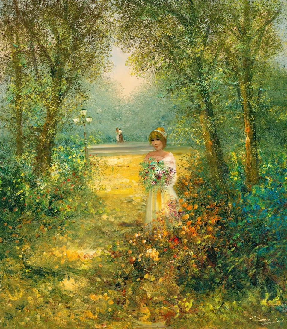 Rahnavardkar Madjid (Germany,Iran,1943-?) oil painting: ARTIST: Rahnavardkar Madjid (German, Iranian, 1943 - ???) TITLE: Woman in Park MEDIUM: oil on canvas CONDITION: Unstretched (In-House stretching available). Few minor pain