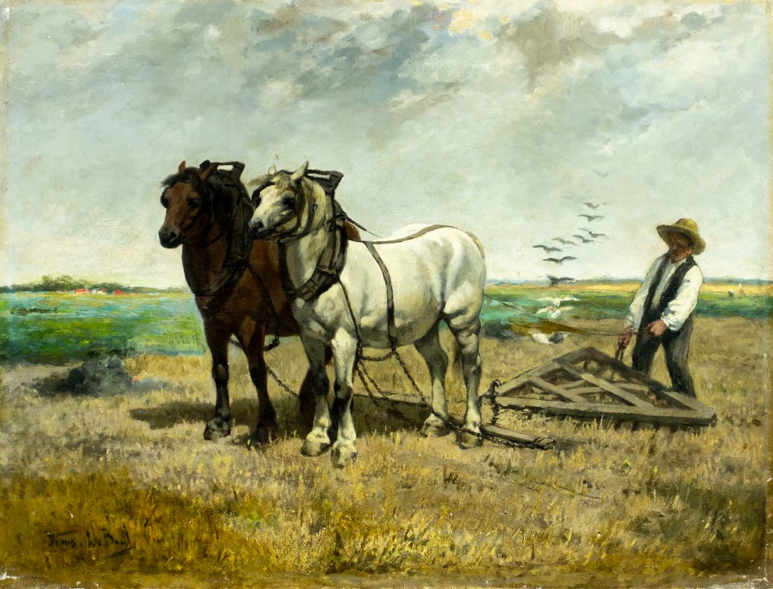 Franz de Beul (Belgium,France,1849-1919) oil painting antique: ARTIST: Franz de Beul (Belgian, French, 1849 - 1919) TITLE: Man Plowing the Fields with Horses MEDIUM: oil on canvas CONDITION: One pinhole puncture. Few minor paint losse