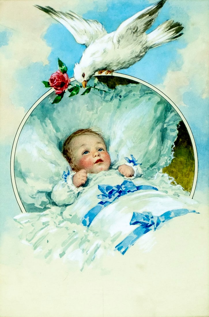 Antique early 20C watercolor painting: ARTIST: - (early 20 century) TITLE: Portrait of Baby with Dove MEDIUM: watercolor on paper CONDITION: Some age toning. Framed under glass. Wear to frame. ART SI