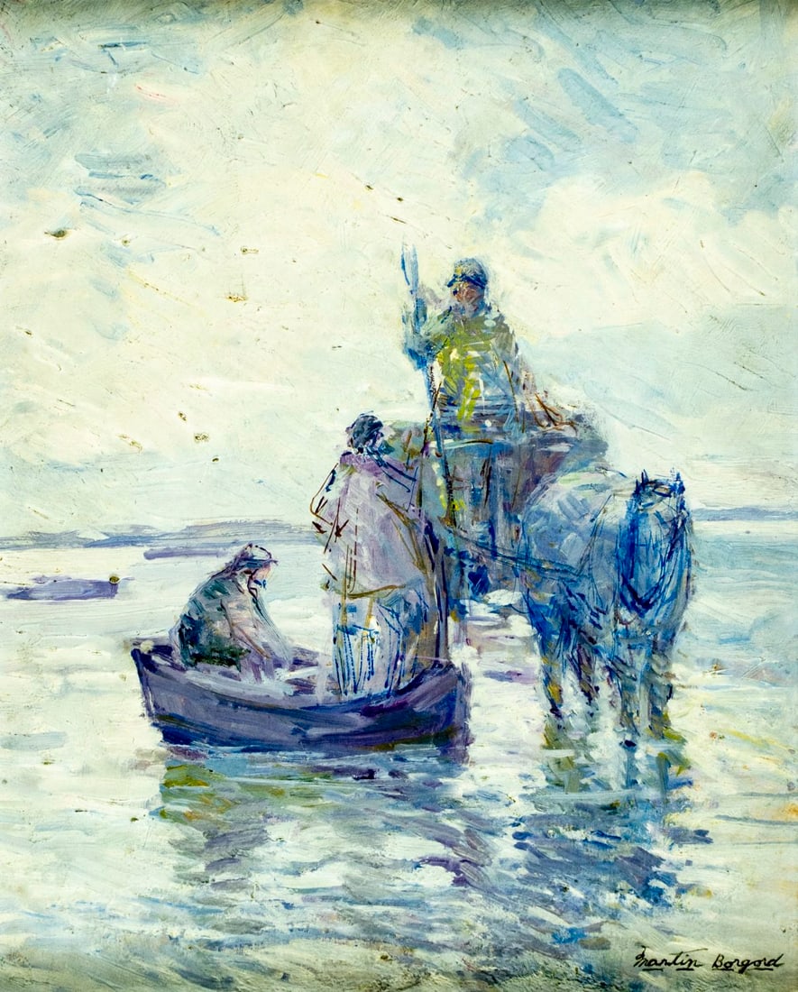 Martin Borgord (CA,NY,Dutch,1869-1935) oil painting antique: ARTIST: Martin Borgord (California, New York, Netherlands, Norway, 1869 - 1935) TITLE: Coastal Scene MEDIUM: oil on board CONDITION: Some small scratches mostly in the upp
