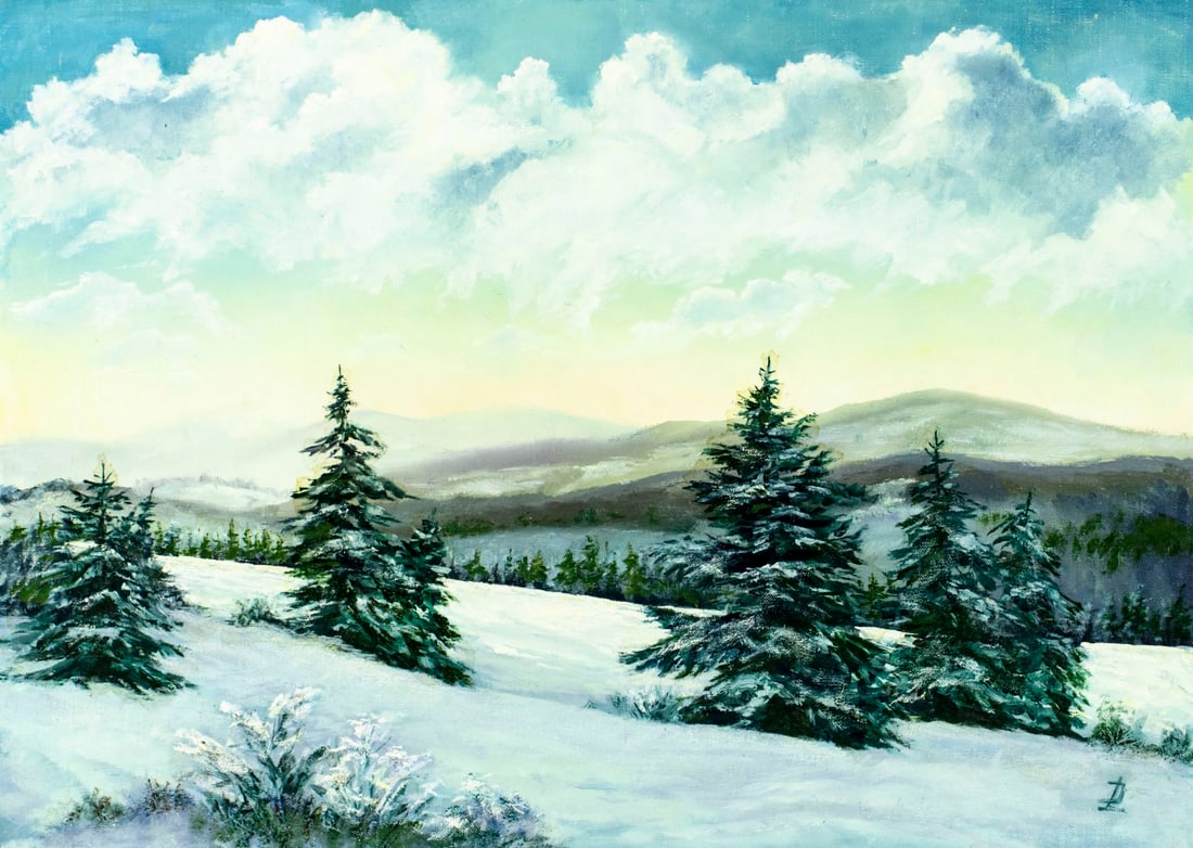 L Dolina (Europe,20C) oil painting: ARTIST: L Dolina (European, 20 century) TITLE: Winter Hilly Landscape MEDIUM: oil on canvas CONDITION: Unstretched (In-House stretching available) (In-House stretching avail