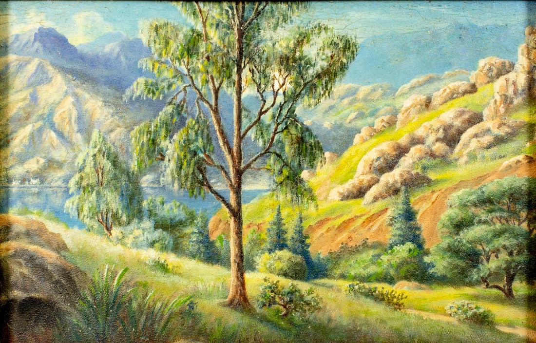 Antique early 20C American oil painting: ARTIST: - (American, early 20 century) TITLE: Mountain Lake Landscape MEDIUM: oil on board CONDITION: Minor paint losses. Some craquelure. No visible inpaint under UV ligh