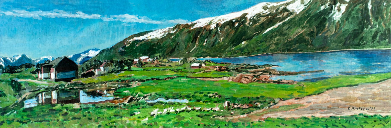 Evelyn Metzger (NY,Brazil,1911-2007) oil painting: ARTIST: Evelyn Borchard Metzger (New York, Brazilian, 1911 - 2007) TITLE: Mountain Lake Landscape, Norway YEAR: 1998 MEDIUM: oil on board CONDITION: Few