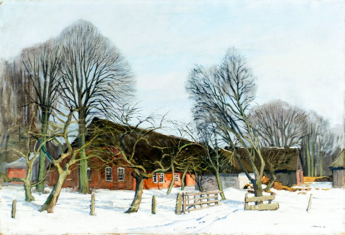 Vintage mid 20C American oil painting signed: ARTIST: - (American, mid 20 century) TITLE: Winter Village Landscape YEAR: 1942 MEDIUM: oil on canvas CONDITION: One small patch. Some scratches/paint
