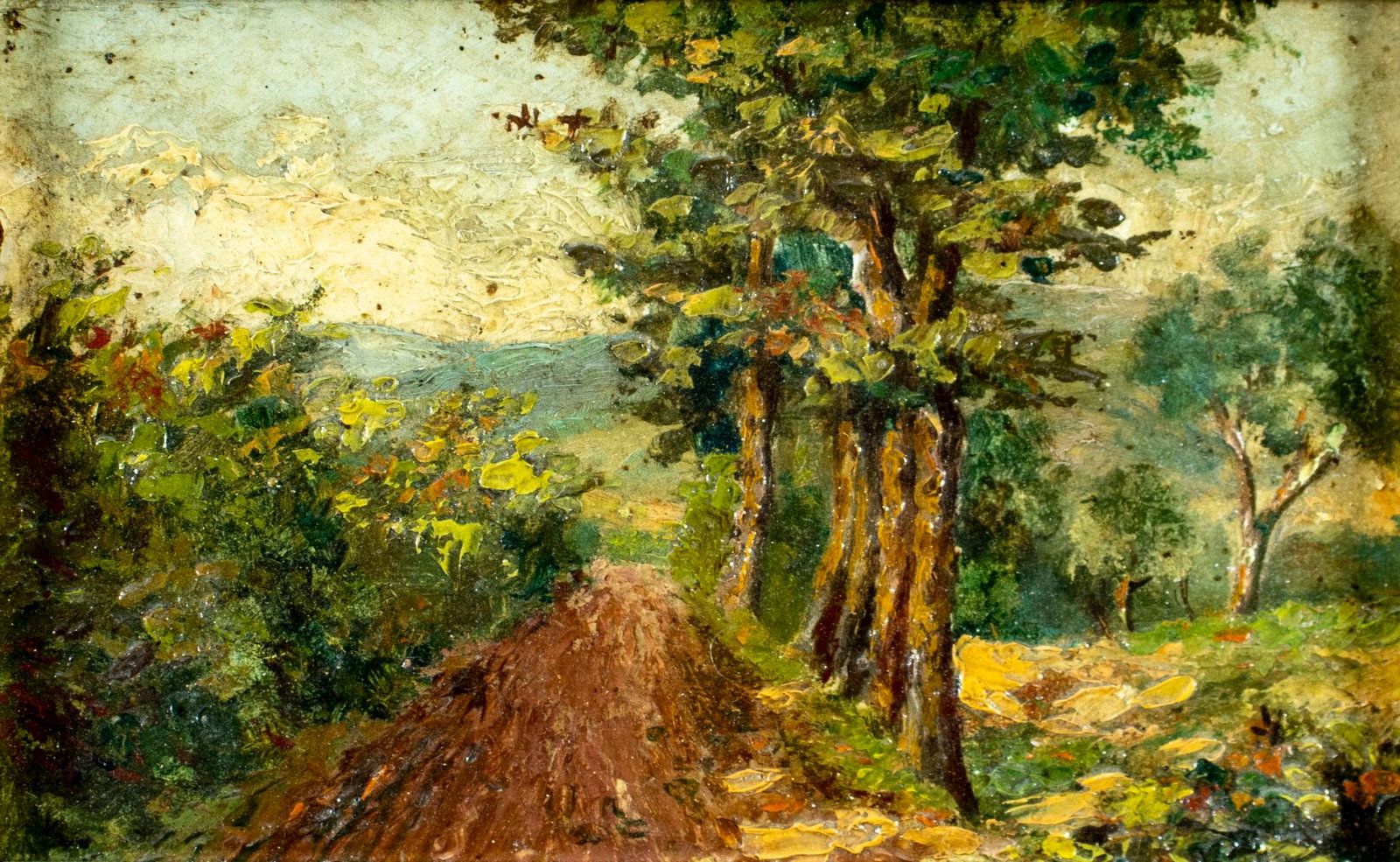 Antique early 20C American oil painting: ARTIST: - (United States, early 20 century) TITLE: Country Road Landscape MEDIUM: oil on board CONDITION: Minor paint losses in the upper left quadrant. No visible inpaint u