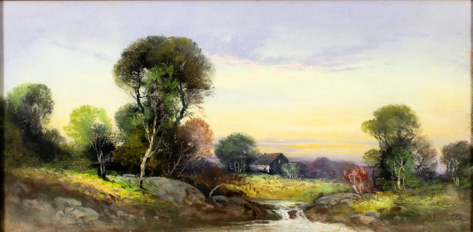 William Henry Chandler (NY,NJ,1854-1928) pastel painting antique: ARTIST: William Henry Chandler (New York, New Jersey, 1854 - 1928) TITLE: Countryside Landscape with House MEDIUM: pastel on board CONDITION: Some paint losses (see pictu