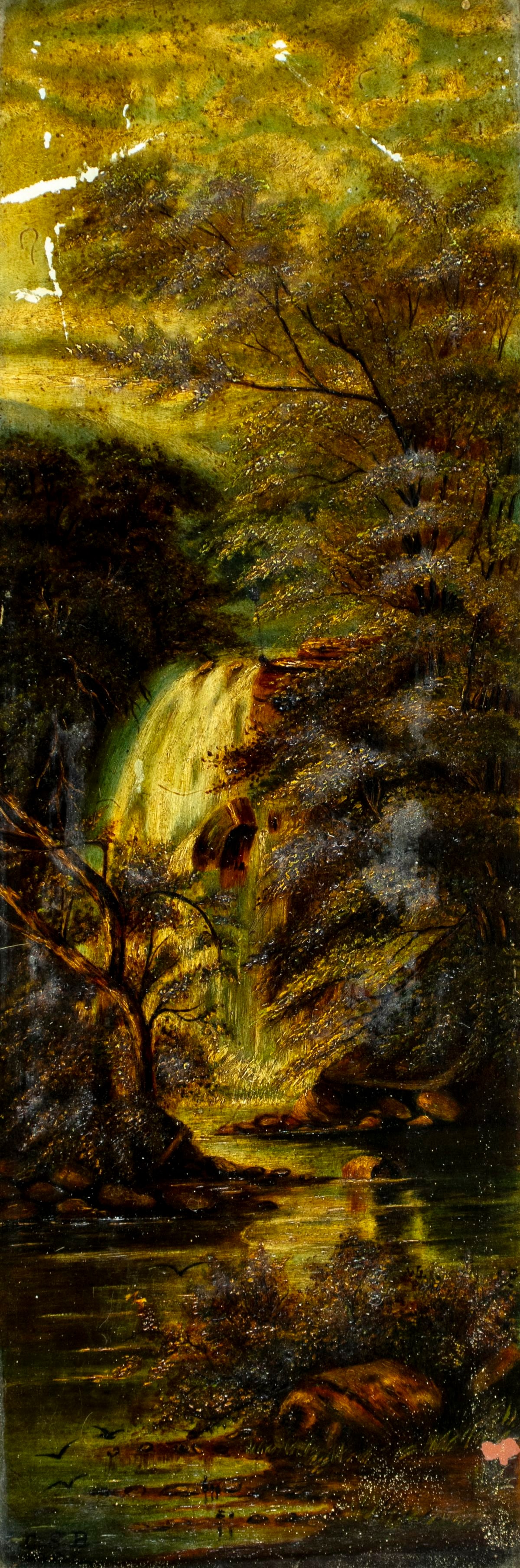A C S Barrow (US,19C) oil painting antique: ARTIST: A C S Barrow (American, 19 century) TITLE: Waterfall Landscape YEAR: 1895 MEDIUM: oil on board CONDITION: Some scratches/paint losses. No visible