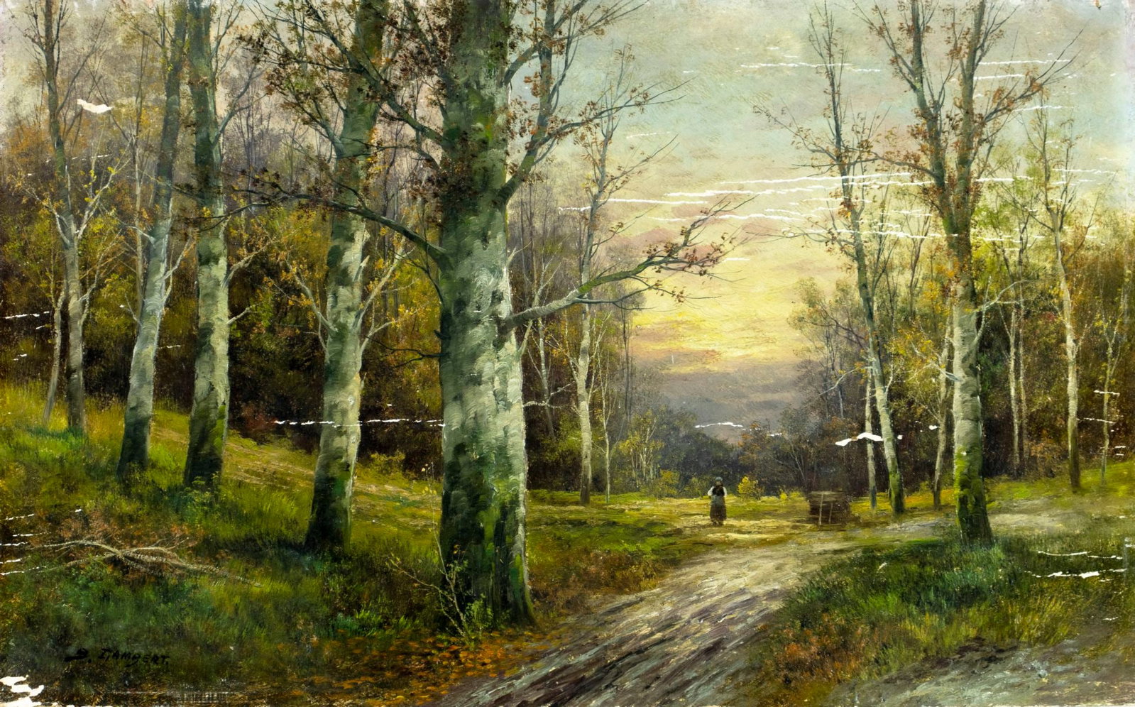 Karl Kaufmann (Germany,Austria,1843-1905) oil painting antique: ARTIST: Karl Kaufmann (German, Austrian, 1843 - 1901/05) TITLE: Landscape - In the Harz (titled on verso) MEDIUM: oil on board CONDITION: Some scratches/paint losses. No
