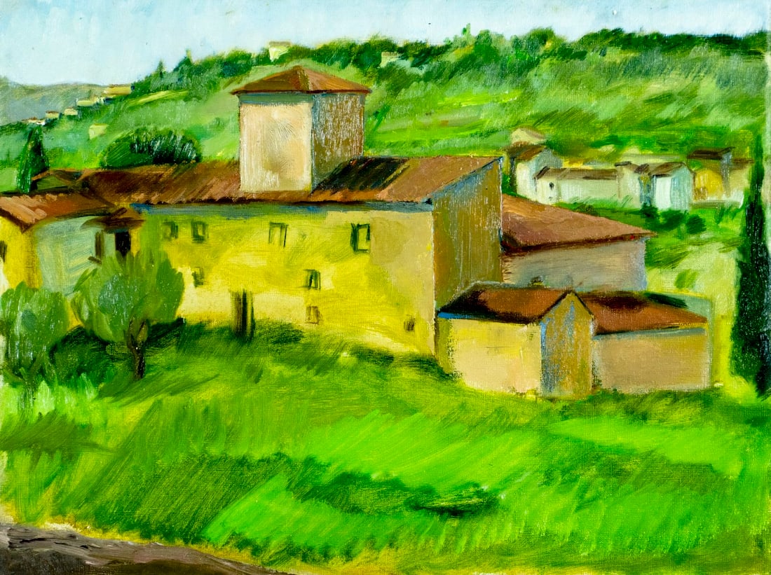 Victoria Donohoe (PA,1929-2018) oil painting: ARTIST: Victoria Donohoe (Pennsylvania, 1929 - 2018) TITLE: Town Landscape MEDIUM: oil on canvas CONDITION: Overall good. No visible inpaint under UV light. Normal wear al