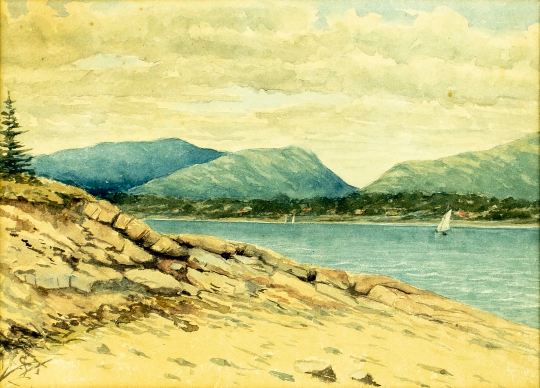 Antique early 20C watercolor painting: ARTIST: - (early 20 century) TITLE: Lake Landscape with Sailboat MEDIUM: watercolor on paper CONDITION: Minor foxing. Some age toning. Framed under glass. Wear to frame.