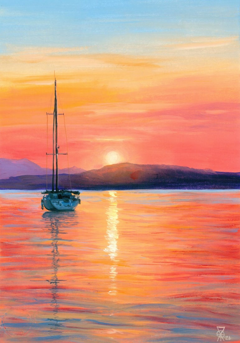 Oleksandr Pukhno (Ukraine,20/21C) oil painting: ARTIST: Oleksandr Pukhno (Ukrainian, 20/21 centuries) TITLE: Sunset Landscape with Sailboat MEDIUM: oil on heavy paper CONDITION: Very good. No visible inpaint under UV ligh