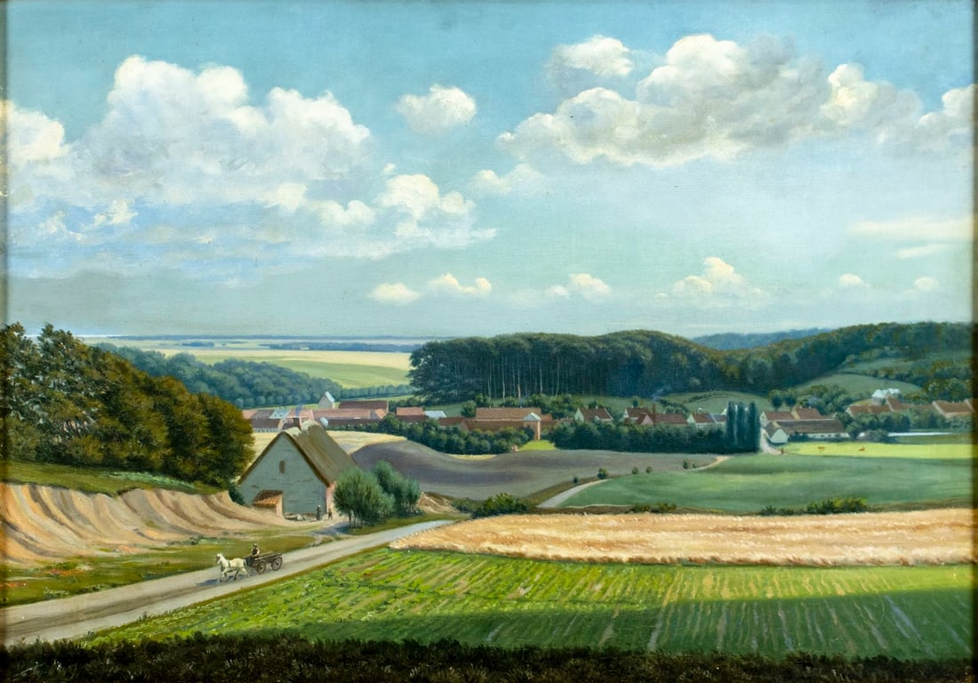 Antique early 20C Danish oil painting: ARTIST: - (Denmark, early 20 century) TITLE: Country Landscape MEDIUM: oil on canvas CONDITION: Relined. Some scratches/paint losses. Minor craquelure. Some scattered in