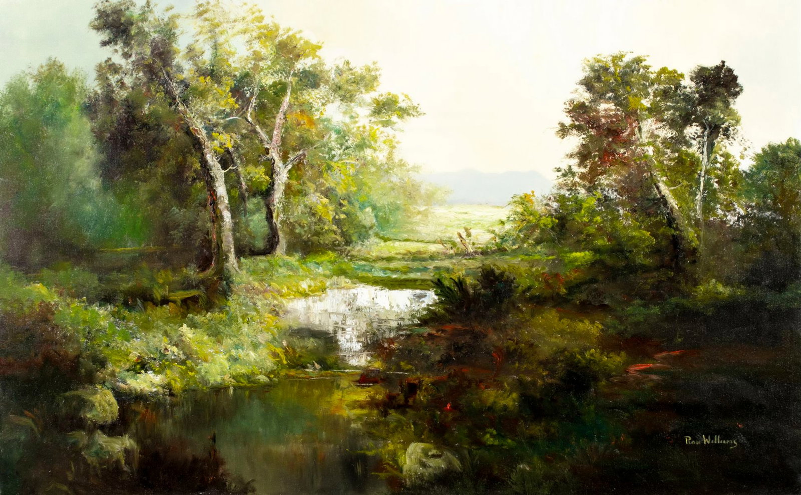 Ron Williams (TN,1947-2016) oil painting: ARTIST: Ron Williams (Tennessee, 1947 - 2016) TITLE: Pond Landscape MEDIUM: oil on canvas CONDITION: Few minor paint losses. No visible inpaint under UV light. Normal wear