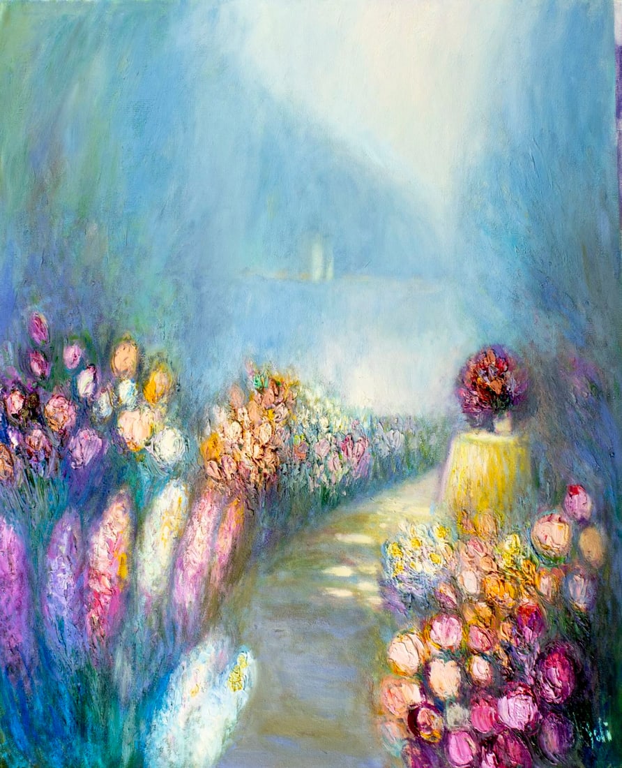 Yolanda Razzeto (Peru,1948-?) oil painting: ARTIST: Yolanda Razzeto (Peruvian, 1948 - ???) TITLE: Flower Garden Landscape MEDIUM: oil on canvas CONDITION: Unstretched (In-House stretching available) (In-House stretc