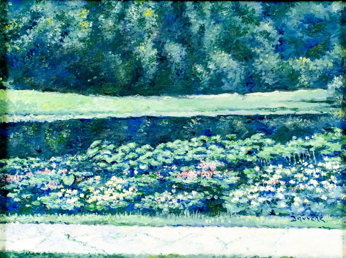 Paul Bruyere (France,20C) oil painting: ARTIST: Paul Bruyere (French, 20 century) TITLE: River Landscape MEDIUM: oil on canvas CONDITION: Very good. No visible inpaint under UV light. ART SIZE: