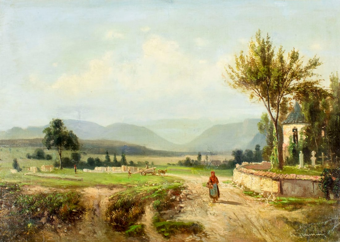 Albert Flamm (German,1823-1906) oil painting antique: ARTIST: Albert Flamm (Germany, 1823 - 1906) NAME: Country Landscape MEDIUM: oil on canvas. Canvas applied to board. CONDITION: Few small repaired tears (biggest 3"). Minor craquelure. Minor