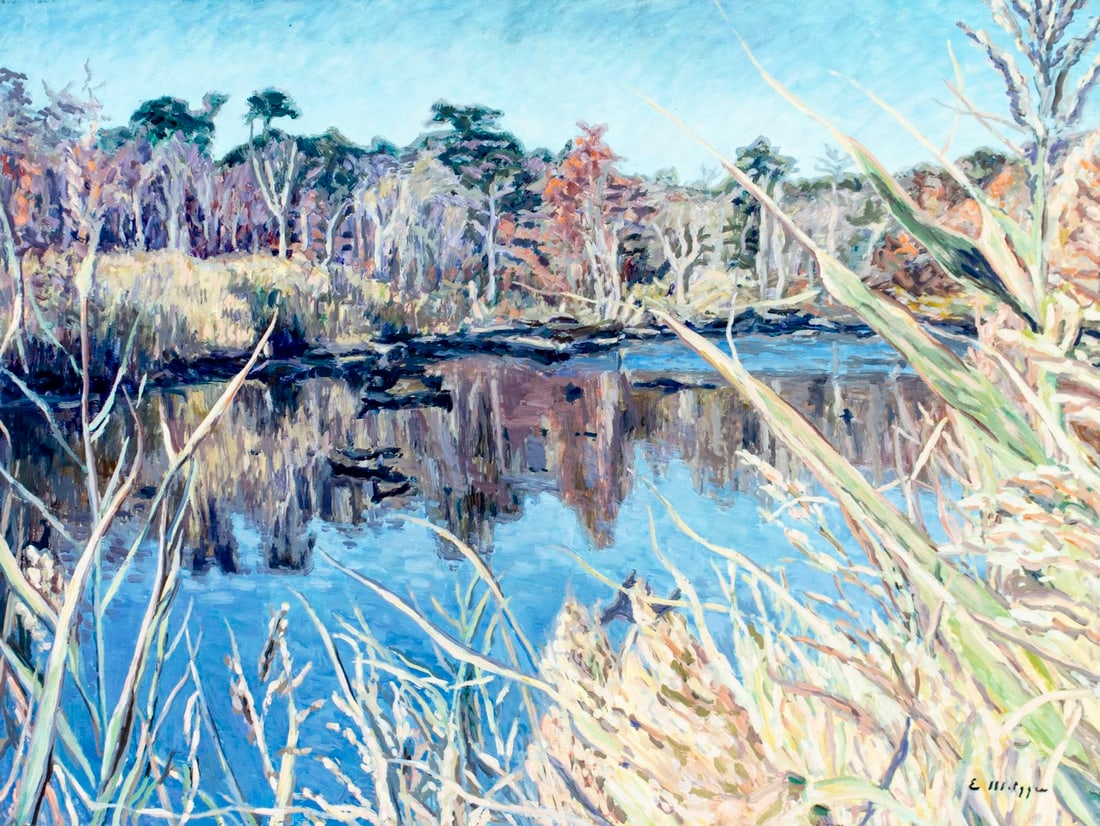 Evelyn Metzger (NY,Brazil,1911-2007) oil painting: ARTIST: Evelyn Borchard Metzger (New York, Brazilian, 1911 - 2007) TITLE: Quogue Refugee, NY (titled on verso) MEDIUM: oil on board CONDITION: Minor damages to corners. So