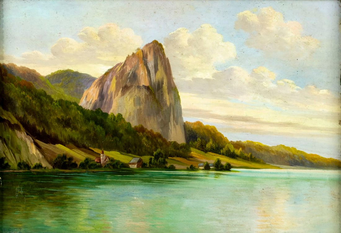 Franz Eltz (Austria,1882-1951) oil painting: ARTIST: Franz Eltz (Austrian, 1882 - 1951) TITLE: Alpine Lake Landscape MEDIUM: oil on board CONDITION: Few small scratches/paint losses mostly along the left edge. No vis