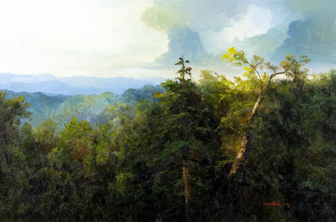 Ron Williams (TN,1947-2016) oil painting: ARTIST: Ron Williams (Tennessee, 1947 - 2016) TITLE: Forest Landscape MEDIUM: oil on canvas CONDITION: Few small paint losses along edges. No visible inpaint under UV ligh