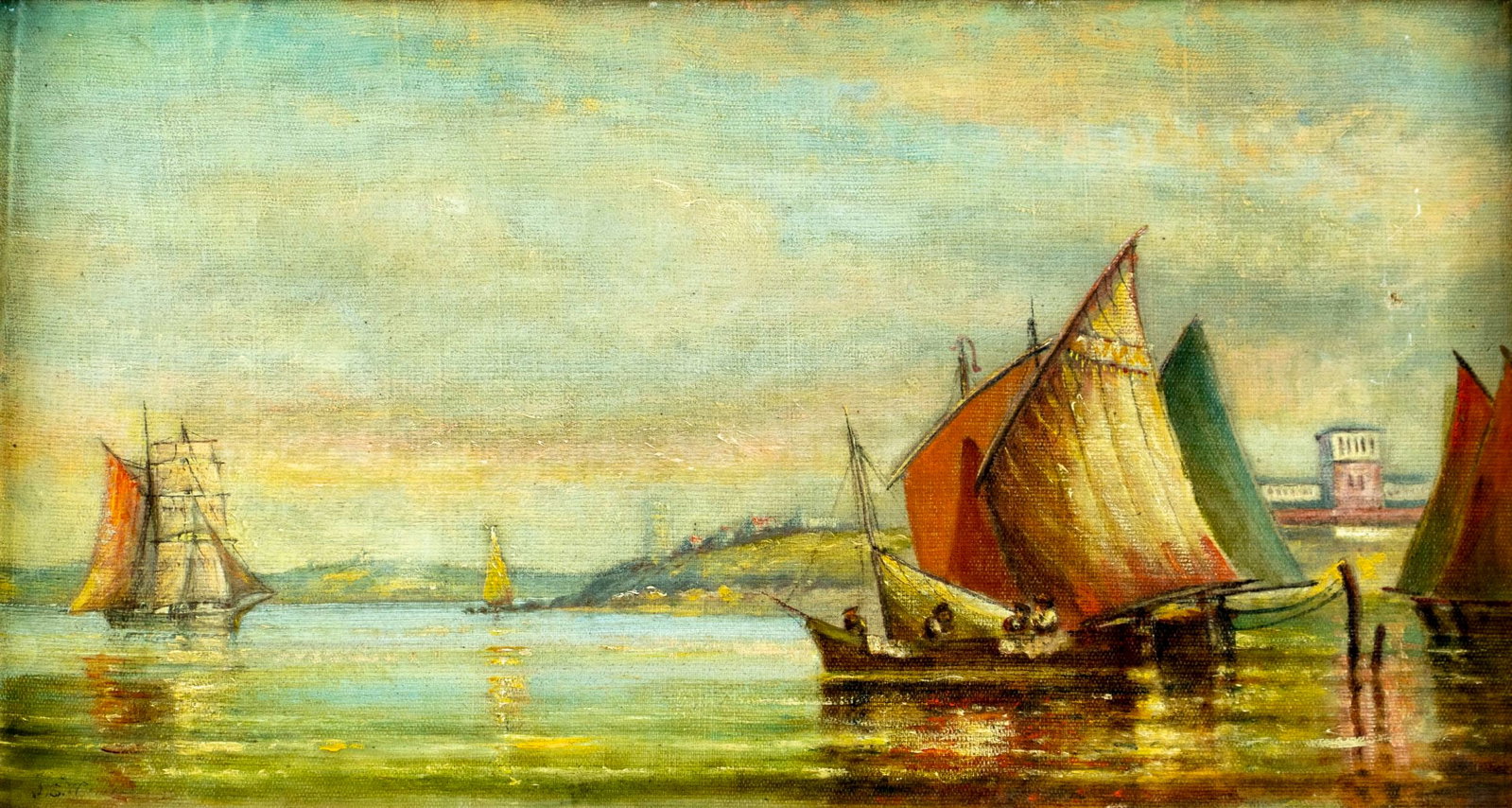 A S Wormstead (US,19C) oil painting antique: ARTIST: A S Wormstead (American, 19 century) TITLE: Harbor Scene MEDIUM: oil on canvas CONDITION: One small patch with corresponding paint losses. No visible inpaint under U