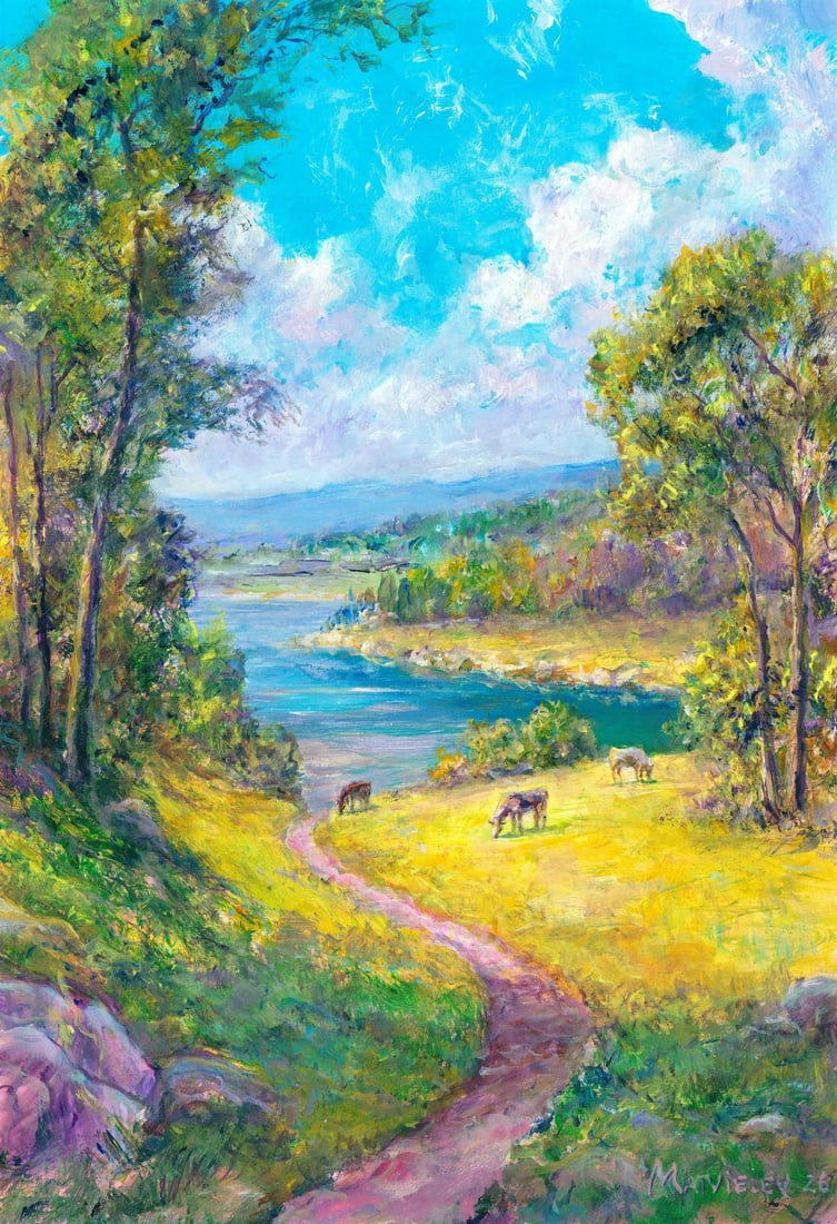 Andriy Matveiev (Ukraine,b 1988) oil painting: ARTIST: Andriy Matveiev (Ukrainian, born 1988) TITLE: Lake Landscape with Cows MEDIUM: oil on heavy paper CONDITION: Very good. No visible inpaint under UV light.