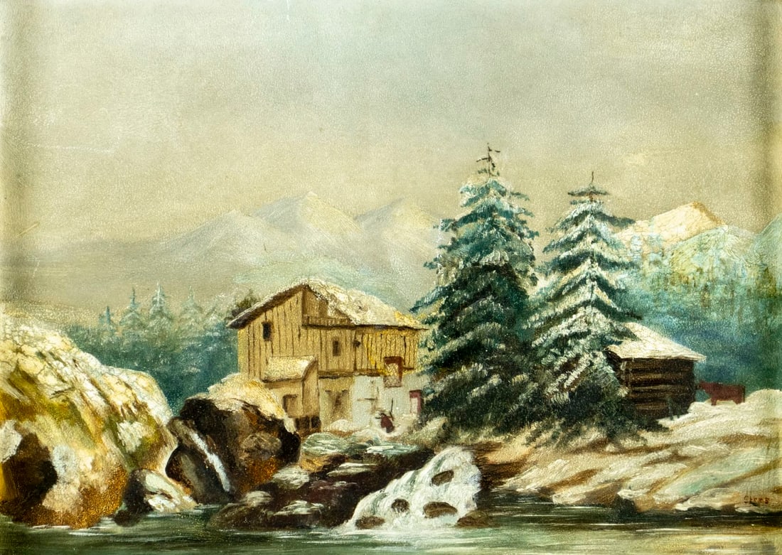 Stees (Europe,19C) oil painting antique: ARTIST: Stees (European, 19 century) TITLE: Alpine Landscape MEDIUM: oil on heavy paper CONDITION: Minor scratches mostly along edges. No visible inpaint under UV light. So