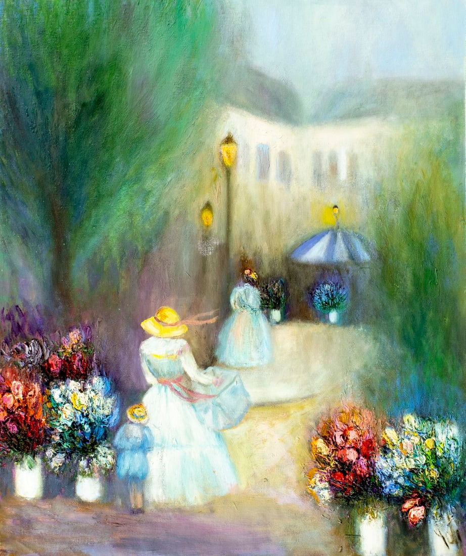 Yolanda Razzeto (Peru,1948-?) oil painting: ARTIST: Yolanda Razzeto (Peruvian, 1948 - ???) TITLE: Street Svene MEDIUM: oil on canvas CONDITION: Unstretched (In-House stretching available). Few minor paint losses. Mi