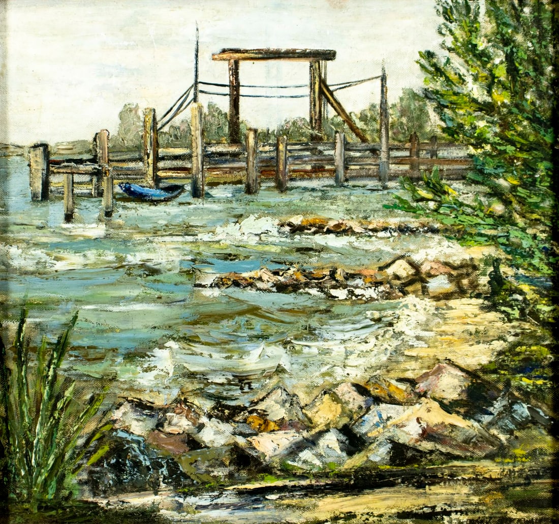 Mary Buckwalter (NJ,20C) oil painting: ARTIST: Mary Buckwalter (New Jersey, 20 century) TITLE: Coastal Landscape MEDIUM: oil on board CONDITION: Some scratches/paint losses mostly in the upper left quadrant. No v