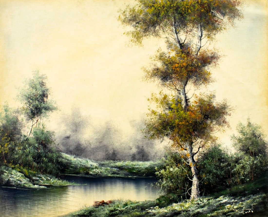 Vintage 20C European oil painting signed: ARTIST: - (Europe, 20 century) TITLE: River Landscape MEDIUM: oil on canvas CONDITION: Unstretched (In-House stretching available) (In-House stretching available). Missing