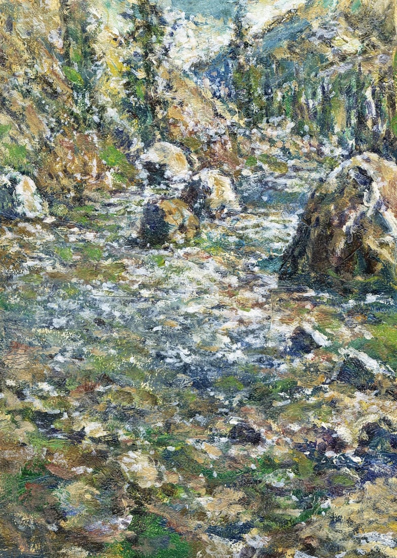 Vyacheslav Evsikov (Ukraine,b 1957) oil painting antique: ARTIST: Vyacheslav Sergeyevich Evsikov (Ukraine, born 1957) TITLE: Forest Stream Landscape MEDIUM: oil on board CONDITION: Very good. No visible inpaint under UV light. <