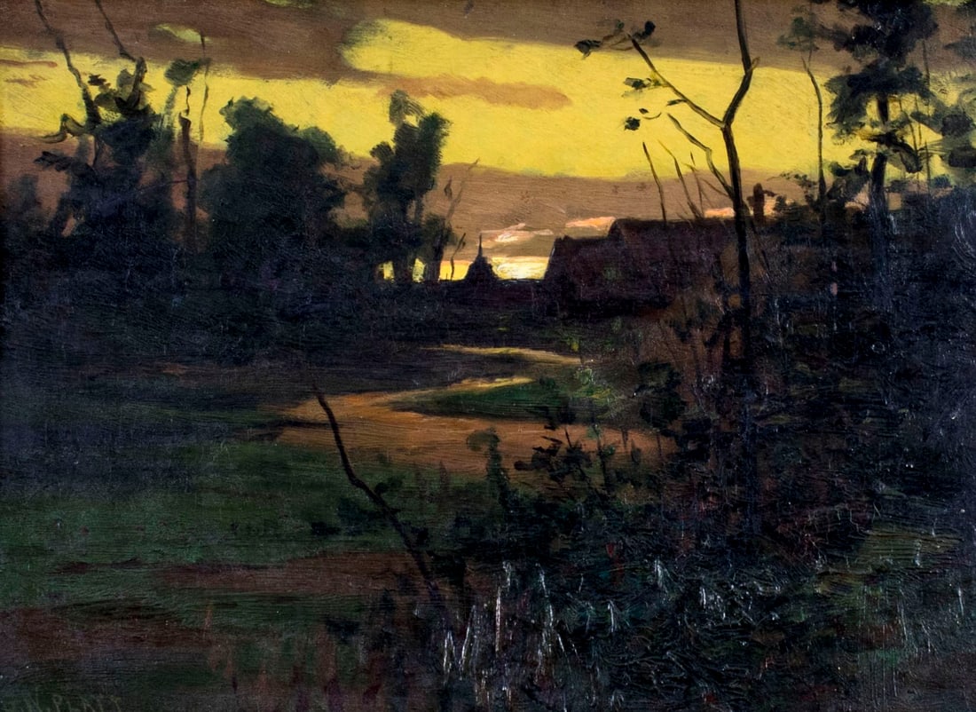 George Platt (IL,CO,1839-1899) oil painting antique: ARTIST: George W Platt (Illinois, Colorado, 1839 - 1899) NAME: Landscape - Approaching Night MEDIUM: oil on board CONDITION: Very good. No visible inpaint under UV light. SIGHT SIZE: 10 x
