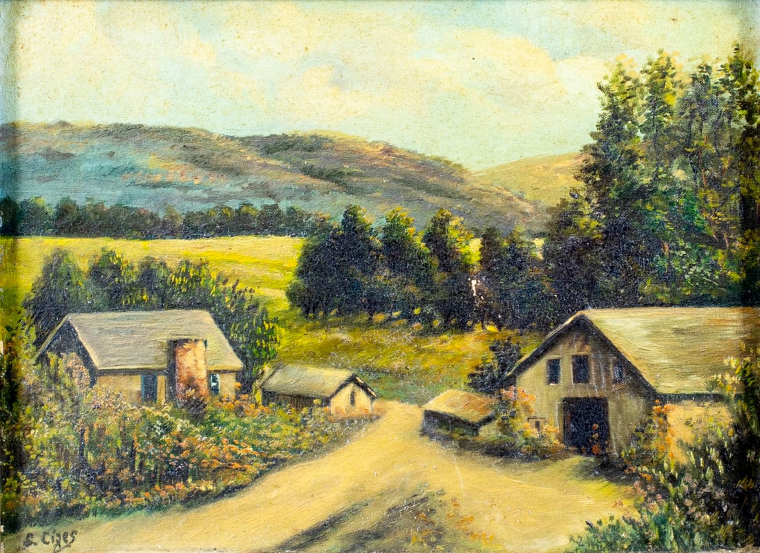 L Cizes (NY,mid 20C) oil painting: ARTIST: L Cizes (New York, mid 20 century) TITLE: Milenvile Landscape, Sullivan County, NY MEDIUM: oil on canvas board CONDITION: Few small paint losses. Some craquelure. No