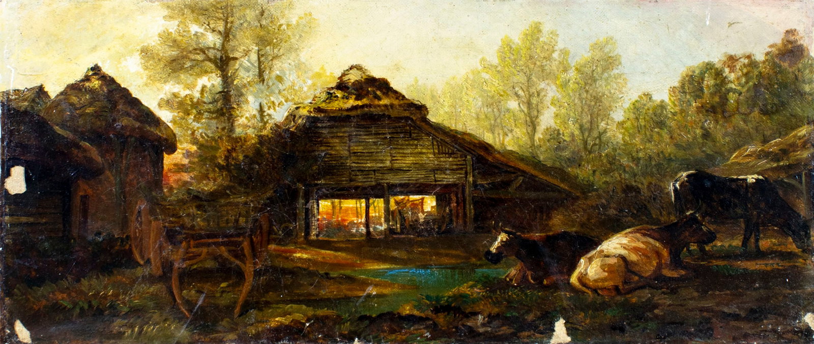 Antique 19C European oil painting: ARTIST: - (Europe, 19 century) TITLE: Village Landscape MEDIUM: oil on canvas CONDITION: Some paint losses (see pictures carefully). Some craquelure. Some scattered small