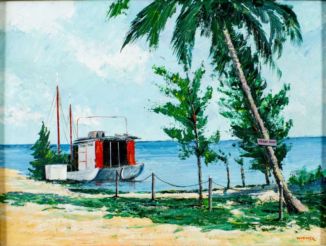 Arthur Widmer (DE,PA,1897-1991) oil painting: ARTIST: Arthur A Widmer (Delaware, Pennsylvania, 1897 - 1991) TITLE: Landscape with Ferry Boat MEDIUM: oil on canvas CONDITION: One small patch with corresponding paint lo