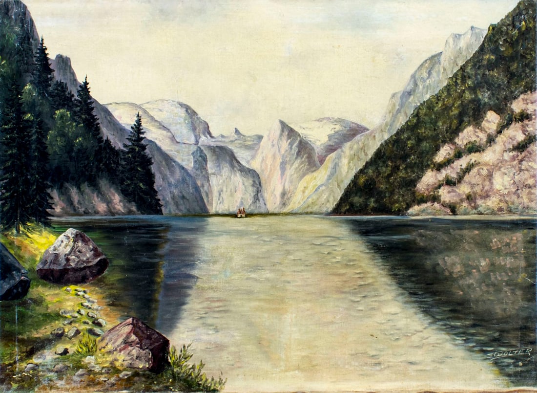 F Wolter (Europe,19C) oil painting antique: ARTIST: F Wolter (Europe, 19 century) NAME: Mountain Lake Landscape MEDIUM: oil on canvas CONDITION: Relined. Three repaired tears. Some scattered inpaintings. SIGHT SIZE: 23 x 32 inches