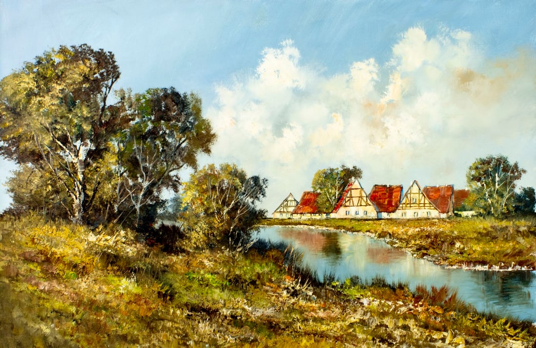 S Lobau (German,20C) oil painting: ARTIST: S Lobau (Germany, 20 century) TITLE: Country River Landscape MEDIUM: oil on canvas CONDITION: Unstretched (In-House stretching available) (In-House stretching avail
