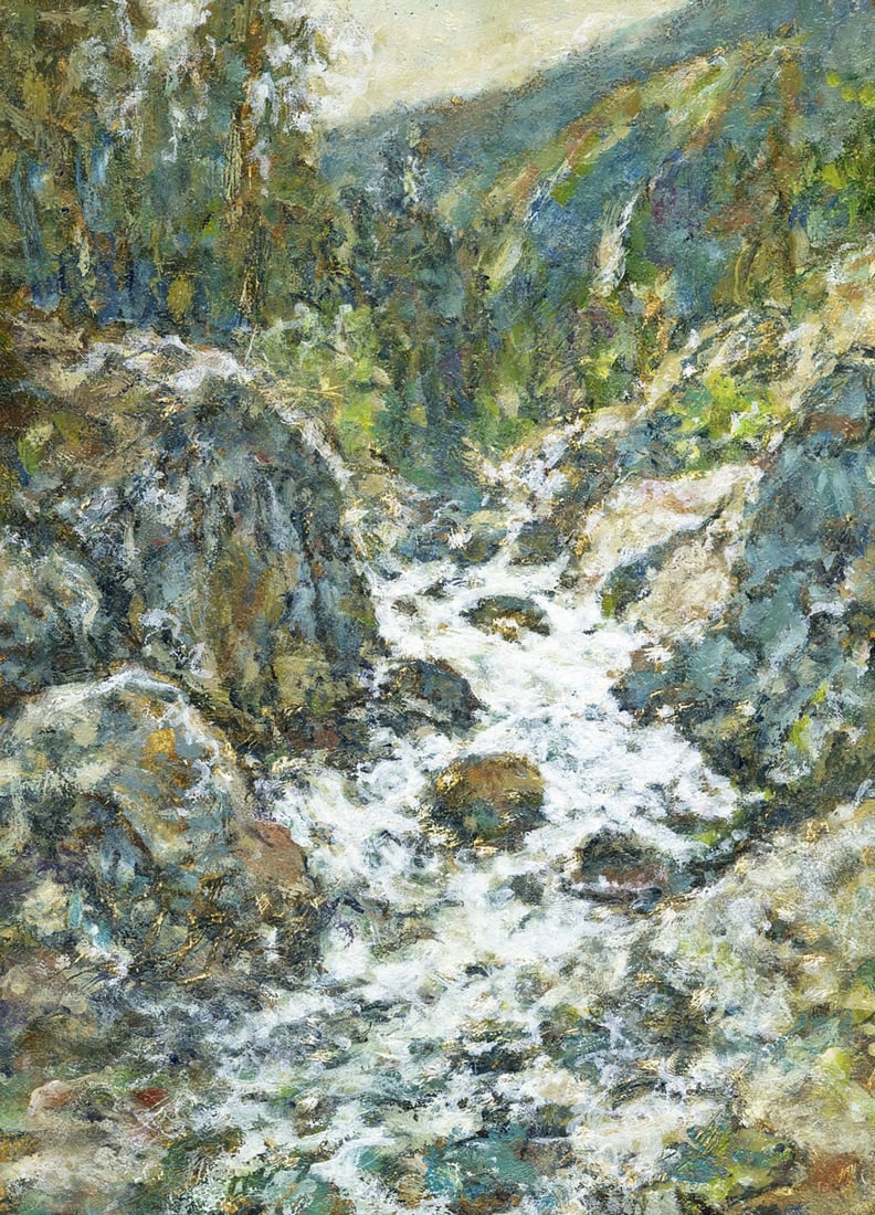Vyacheslav Evsikov (Ukraine,b 1957) oil painting antique: ARTIST: Vyacheslav Sergeyevich Evsikov (Ukraine, born 1957) TITLE: Mountain Stream Landscape MEDIUM: oil on board CONDITION: Very good. No visible inpaint under UV light.