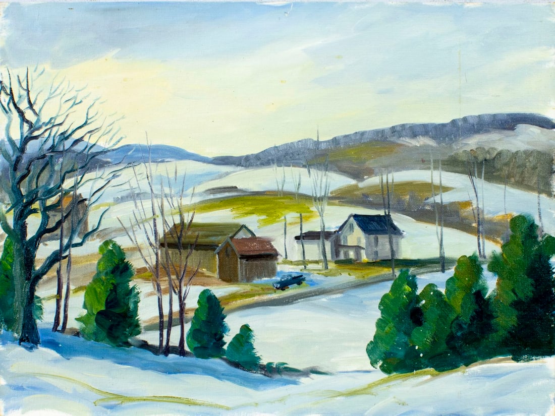 George Holloway (NJ,20C) oil painting: ARTIST: George Holloway (New Jersey, 20 century) TITLE: Winter Landscape MEDIUM: oil on canvas board CONDITION: Few small scratches/paint losses along edges. No visible inpa