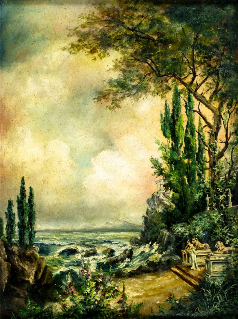 Quenzel (Europe,early 20C) oil painting antique: ARTIST: Quenzel (European, early 20 century) TITLE: Coastal Landscape MEDIUM: oil on canvas CONDITION: Few small paint losses mostly along edges. No visible inpaint under UV