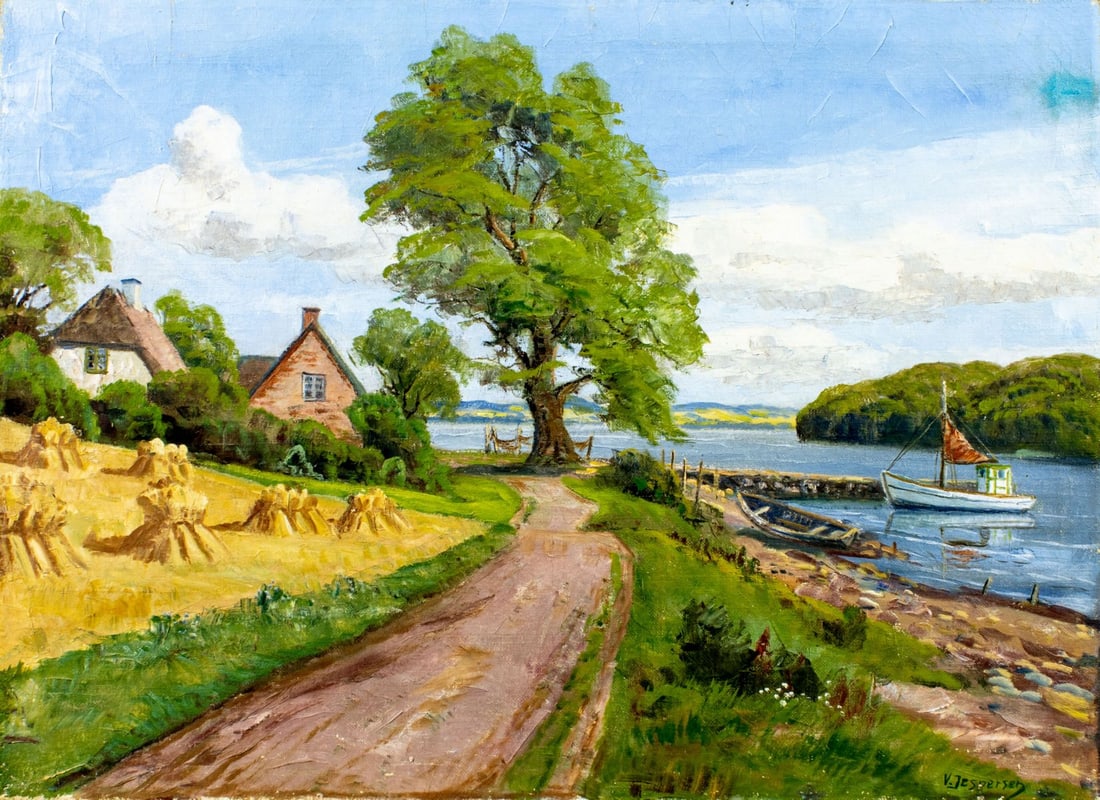 Viggo Jespersen (Denmark,1893-?) oil painting: ARTIST: Viggo Jaspersen (Danish, 1893 - ???) TITLE: River Village Landscape MEDIUM: oil on canvas CONDITION: Some small paint losses. Some craquelure. One inpainting by th