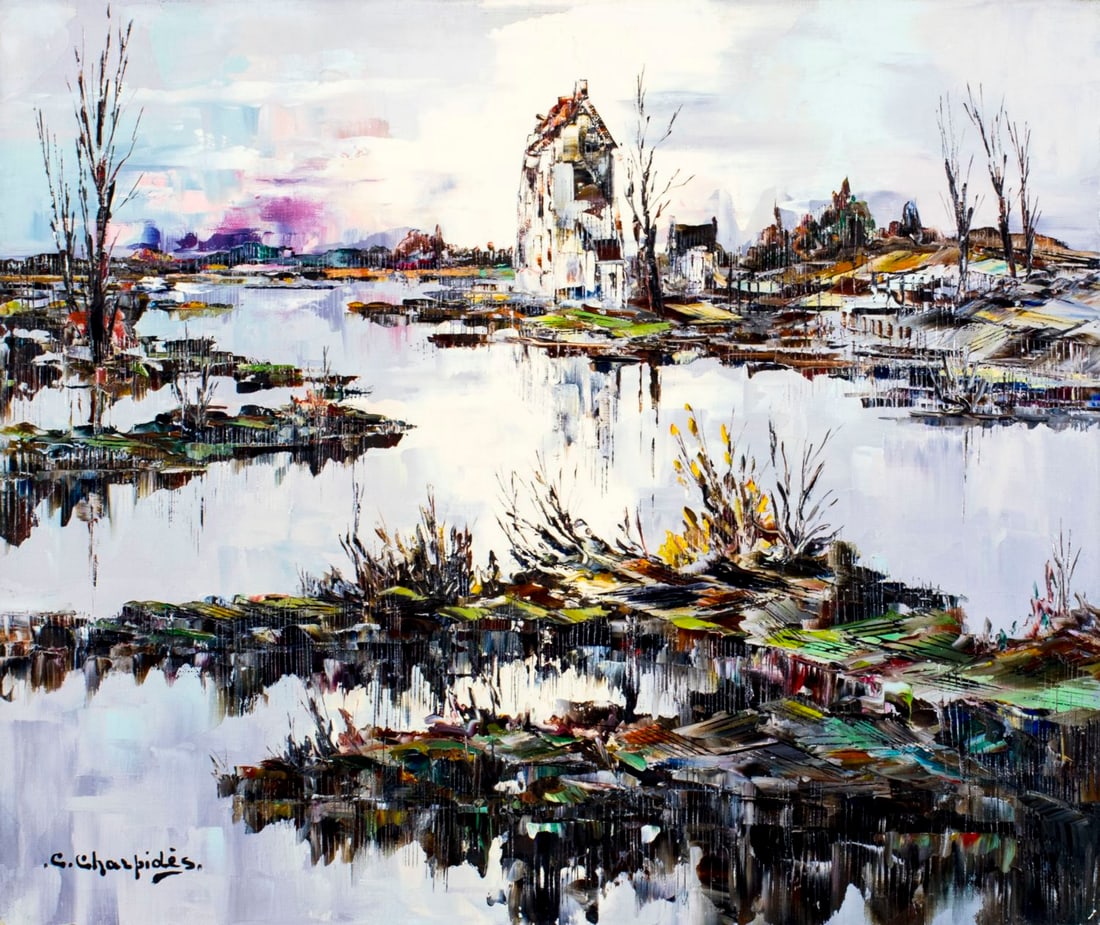 Christo Charpides (Greek,1902-1992) oil painting: ARTIST: Christo Charpides (Greece, 1902 - 1992) NAME: River Village Landscape MEDIUM: oil on canvas CONDITION: Unstretched (In-House stretching available) (In-House stretching available). Fe