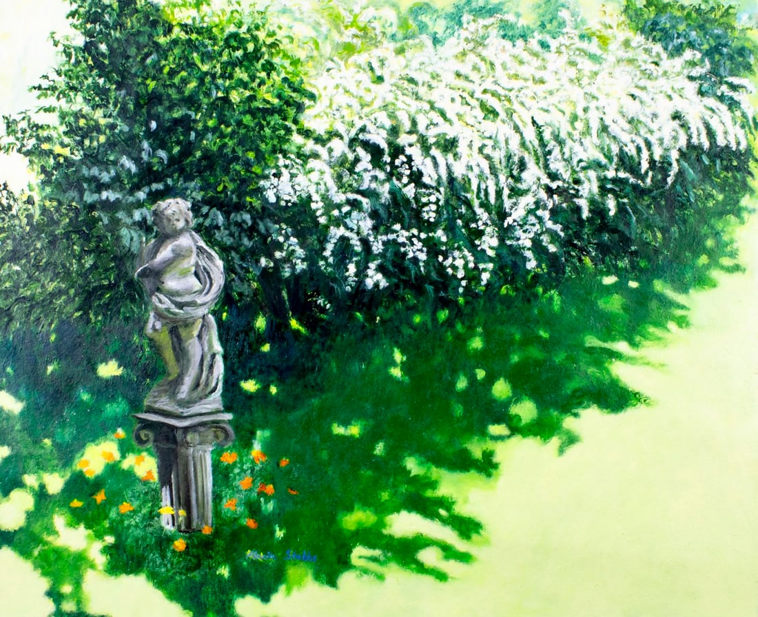 Alacia Stubbs (NY,1944-?) oil painting: ARTIST: Alacia Stubbs (New York, 1944 - ???) TITLE: Garden Landscape MEDIUM: oil on heavy paper CONDITION: Few small tears to the right edge. Few small paint losses. No vi
