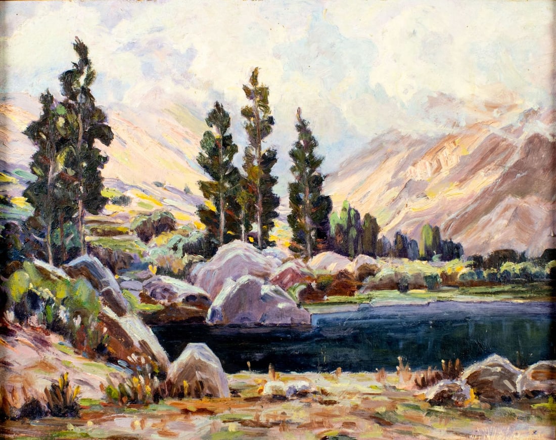Irene Havick (CO,mid 20C) oil painting: ARTIST: Irene Havick (Colorado, mid 20 century) TITLE: Mountain Lake Landscape MEDIUM: oil on board CONDITION: Few minor paint losses. No visible inpaint under UV light. Wea
