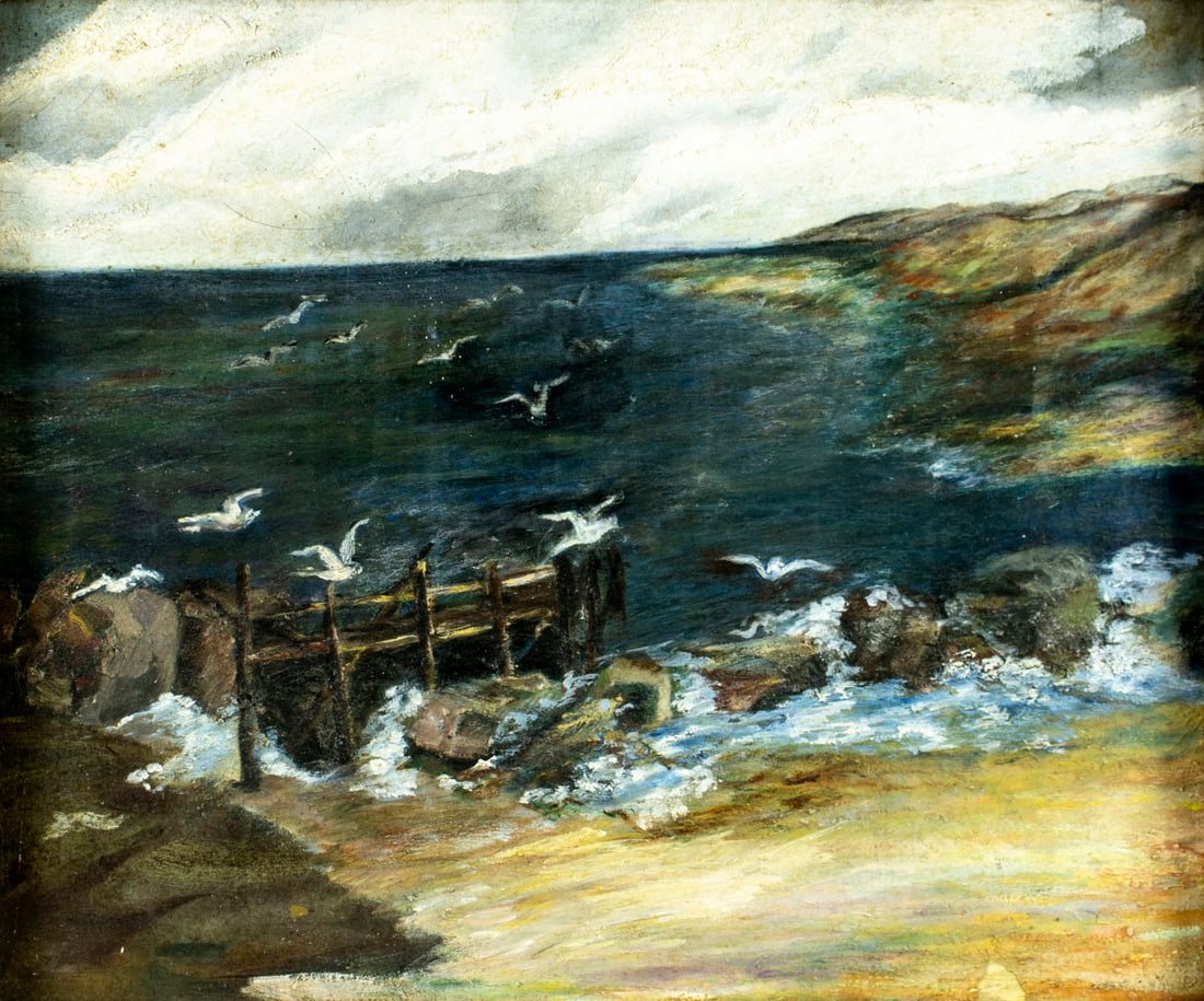 Vintage mid 20C American oil painting: ARTIST: - (United States, mid 20 century) TITLE: Coastal Landscape MEDIUM: oil on canvas board CONDITION: Some paint losses mostly in the lower right quadrant. Some craquelu