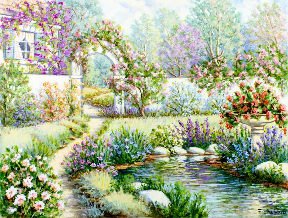 Fiora Cozzi (NY,1922-1992) oil painting: ARTIST: Fiora Cozzi (New York, 1922 - 1992) TITLE: Garden Landscape MEDIUM: oil on canvas CONDITION: Unstretched (In-House stretching available) (In-House stretching avail