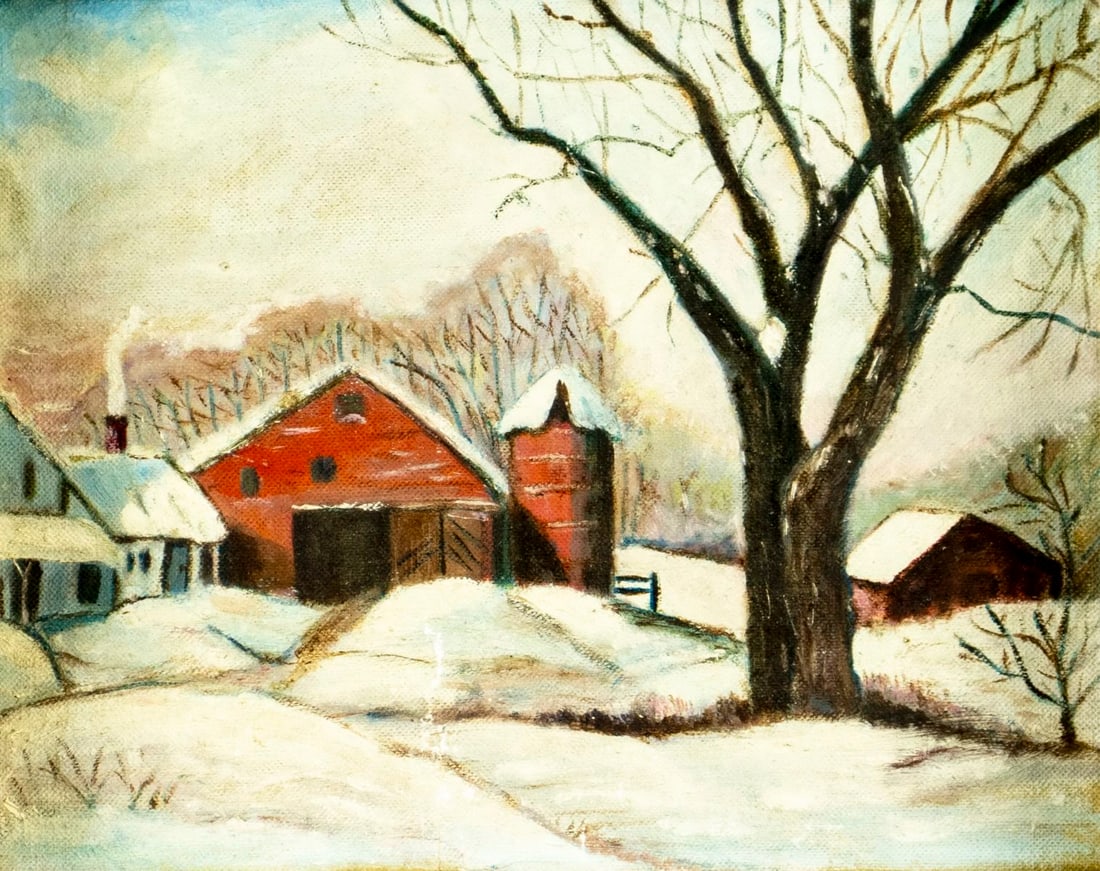 Antique early 20C American oil painting: ARTIST: - (American, early 20 century) TITLE: Winter Barn Landscape MEDIUM: oil on canvas board CONDITION: Some scratches/paint losses. No visible inpaint under UV light.