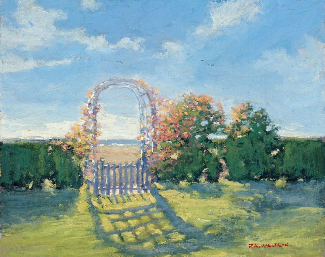 Robert Waltsak (NJ,b 1944) oil painting: ARTIST: Robert Alan Waltsak (New Jersey, born 1944) TITLE: Coastal Landscape with Arch MEDIUM: oil on board CONDITION: Few small scratches/paint losses. No visible inpaint u