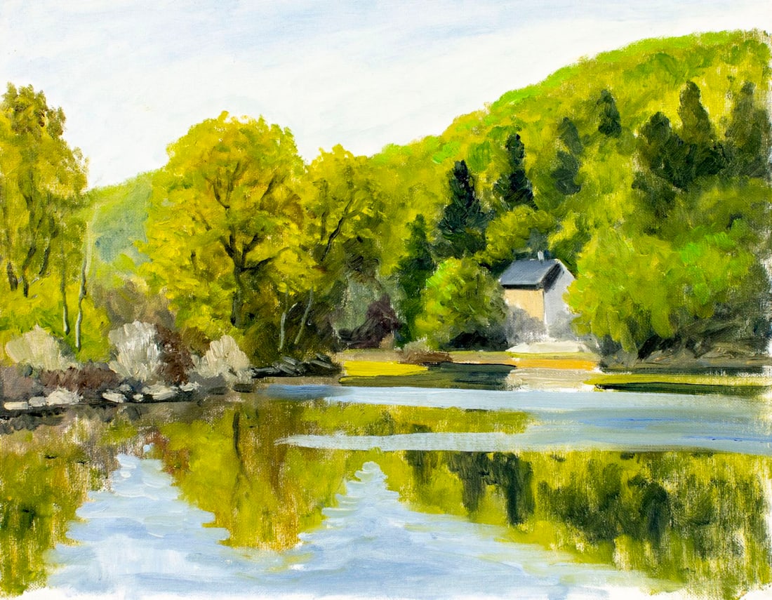 George Holloway (NJ,20C) oil painting: ARTIST: George Holloway (New Jersey, 20 century) TITLE: Lake Landscape with House MEDIUM: oil on canvas board CONDITION: Very good. No visible inpaint under UV light.