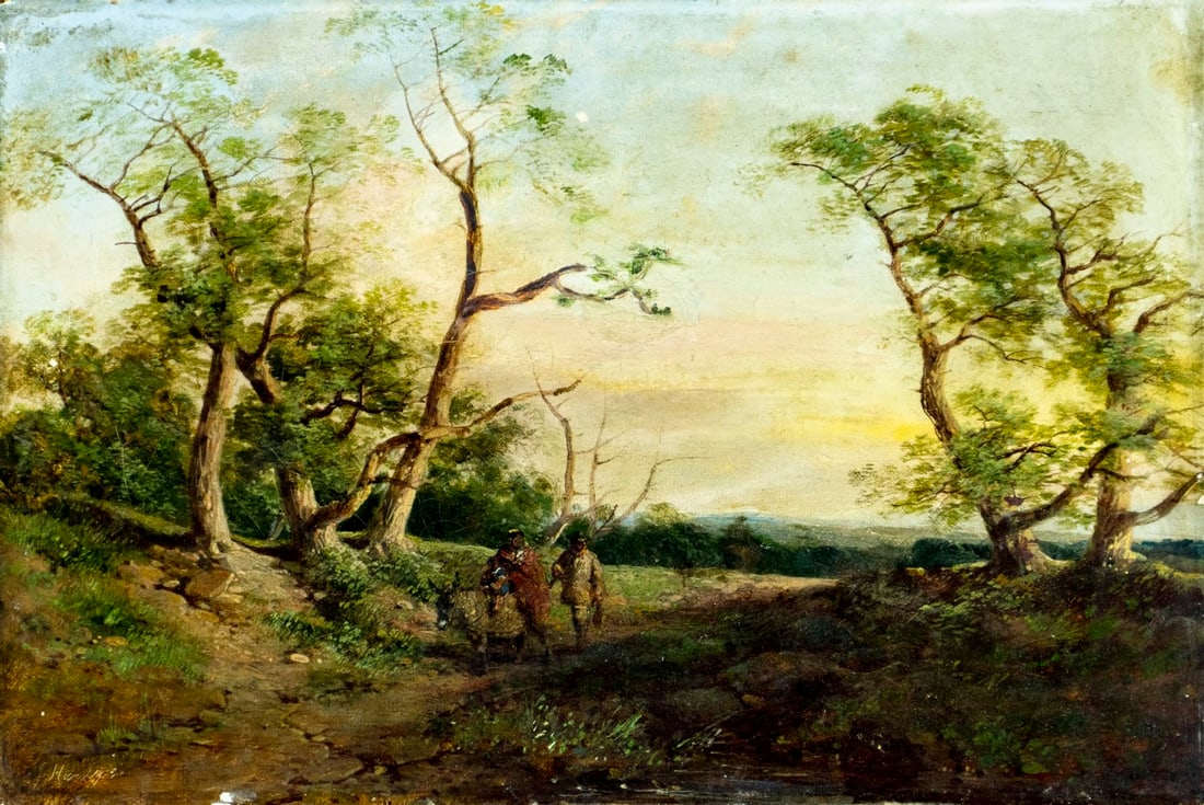 Antique early 20C British oil painting signed: ARTIST: - (United Kingdom, early 20 century) TITLE: Forest Landscape with Travelers MEDIUM: oil on canvas CONDITION: Some small damages to the left corners of the canvas.